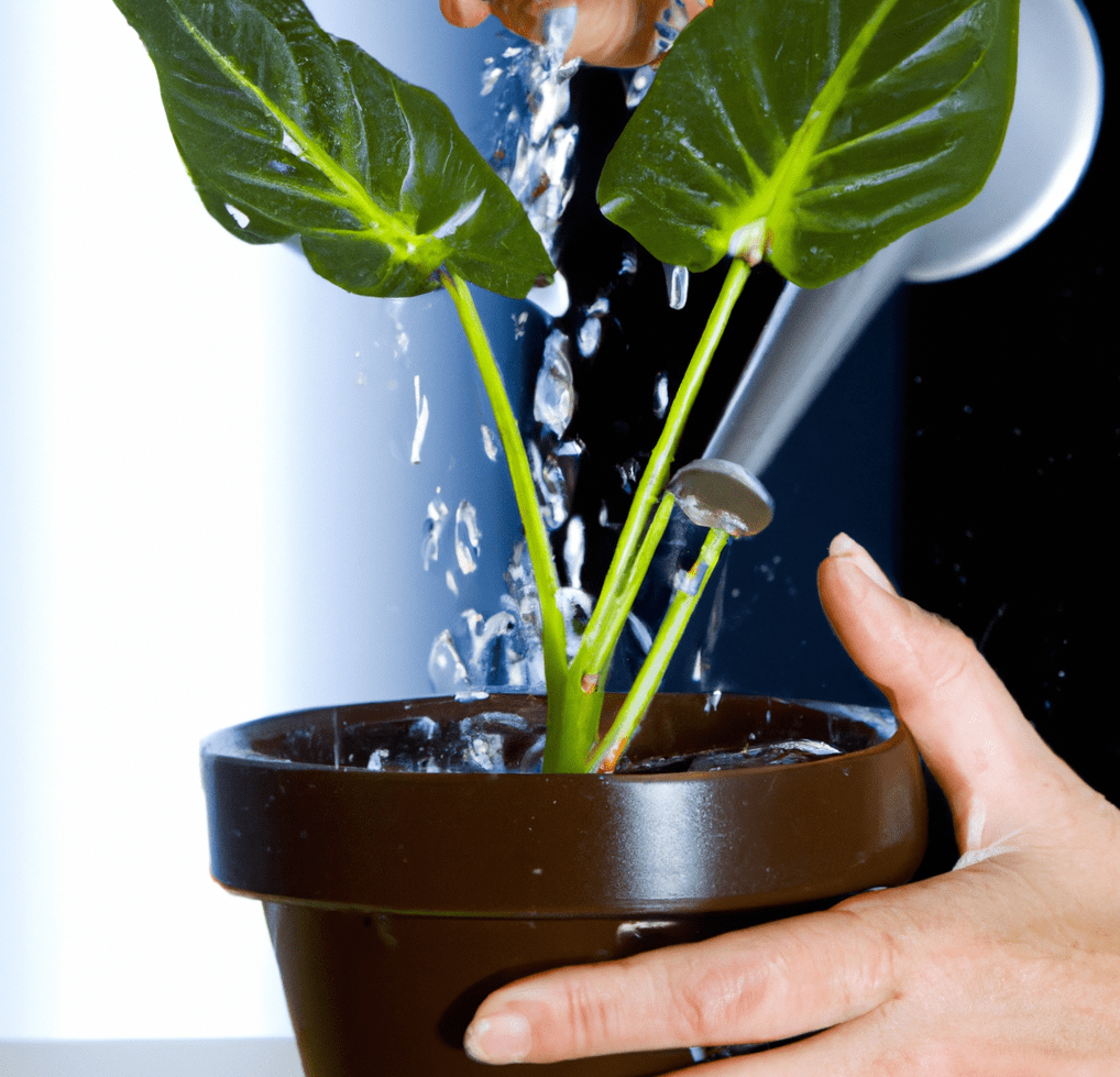 Close-up shot of a hand watering plant