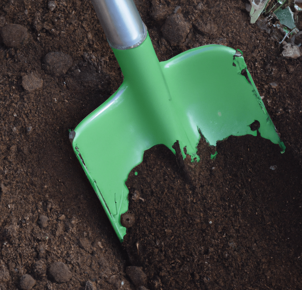 Green metal garden shovel filled with brown soil photo