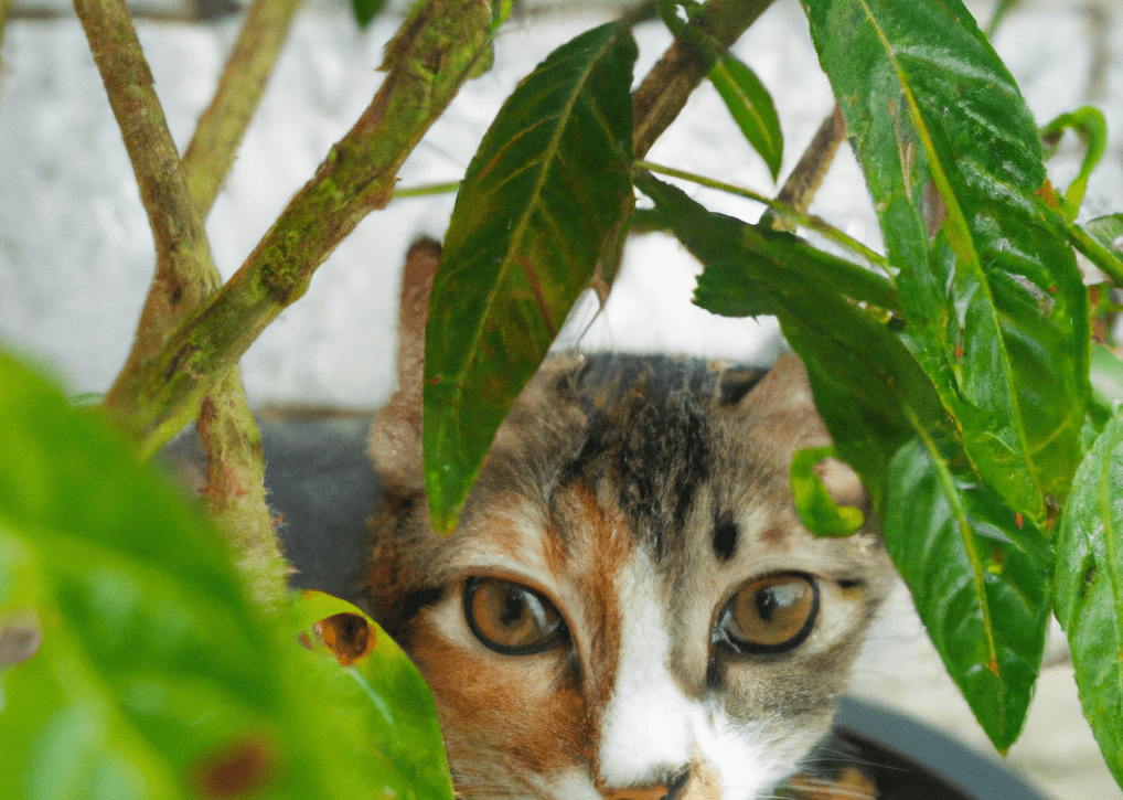 Photo of a cat behind a resilient plant