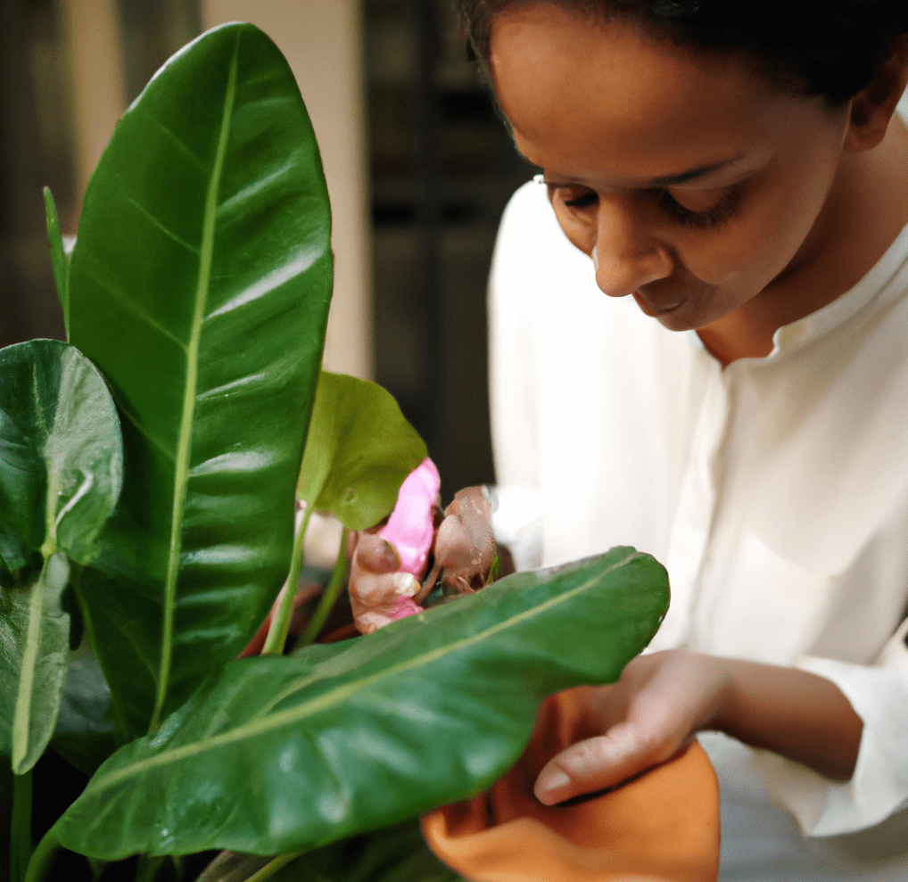 Woman caring for waxy leaf plants
