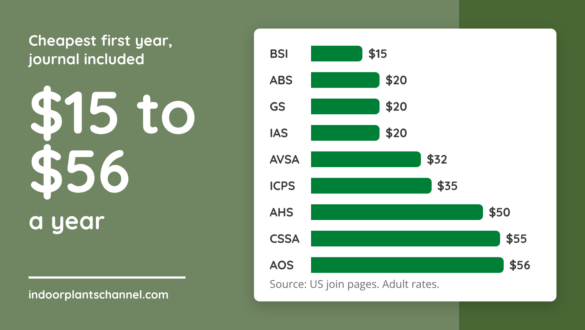 Bar chart of the cheapest published first year with the journal, US dues: BSI $15, ABS $20, GS $20, IAS $20, AVSA $32, ICPS $35, AHS $50, CSSA $55, AOS $56.